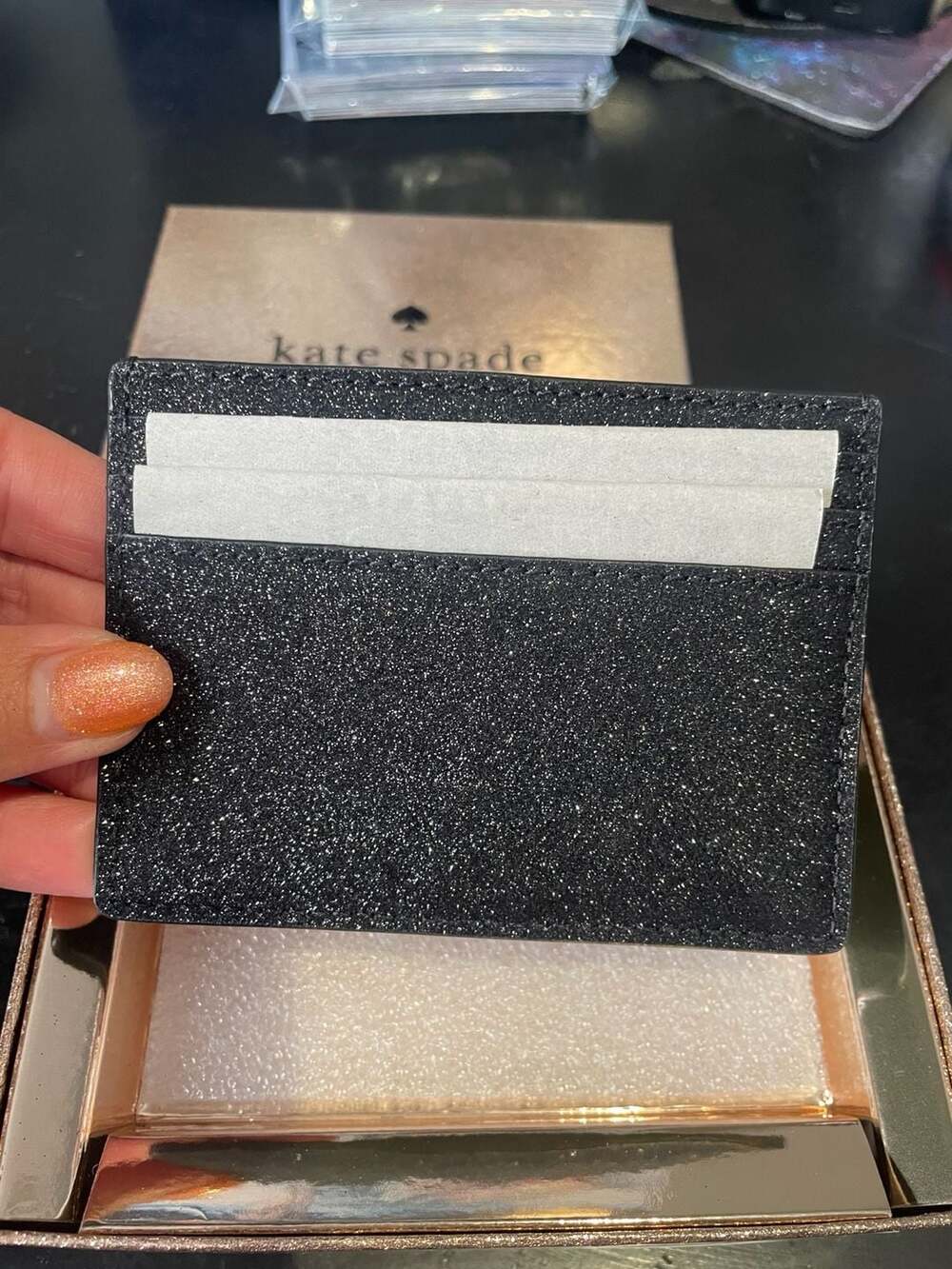 Kate Spade Glimmer Boxed Small Slim Cardholder Black Glitter KE448 NWT - Picture 5 of 9